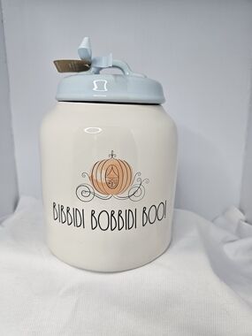Rae Dunn Cindetella Ceramic Cookie Jar- Bibbidi Bobbidi Boo with Light Blue Lid